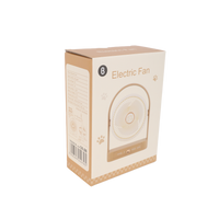 Electric fan retail box with tan-and-cream graphics and paw print accents