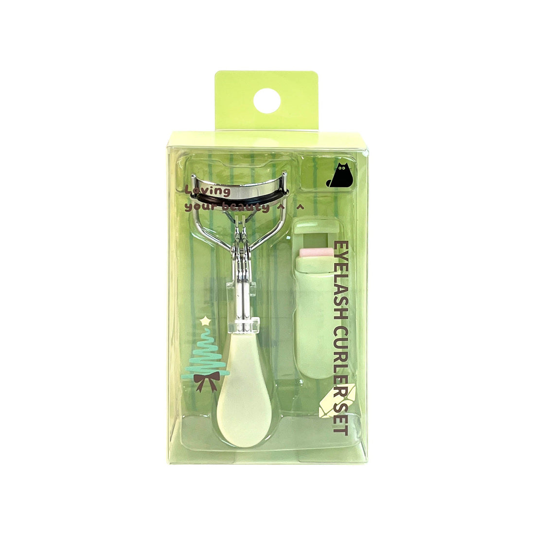 Eyelash curler set in clear blister packaging with mint-green curler and spare pad