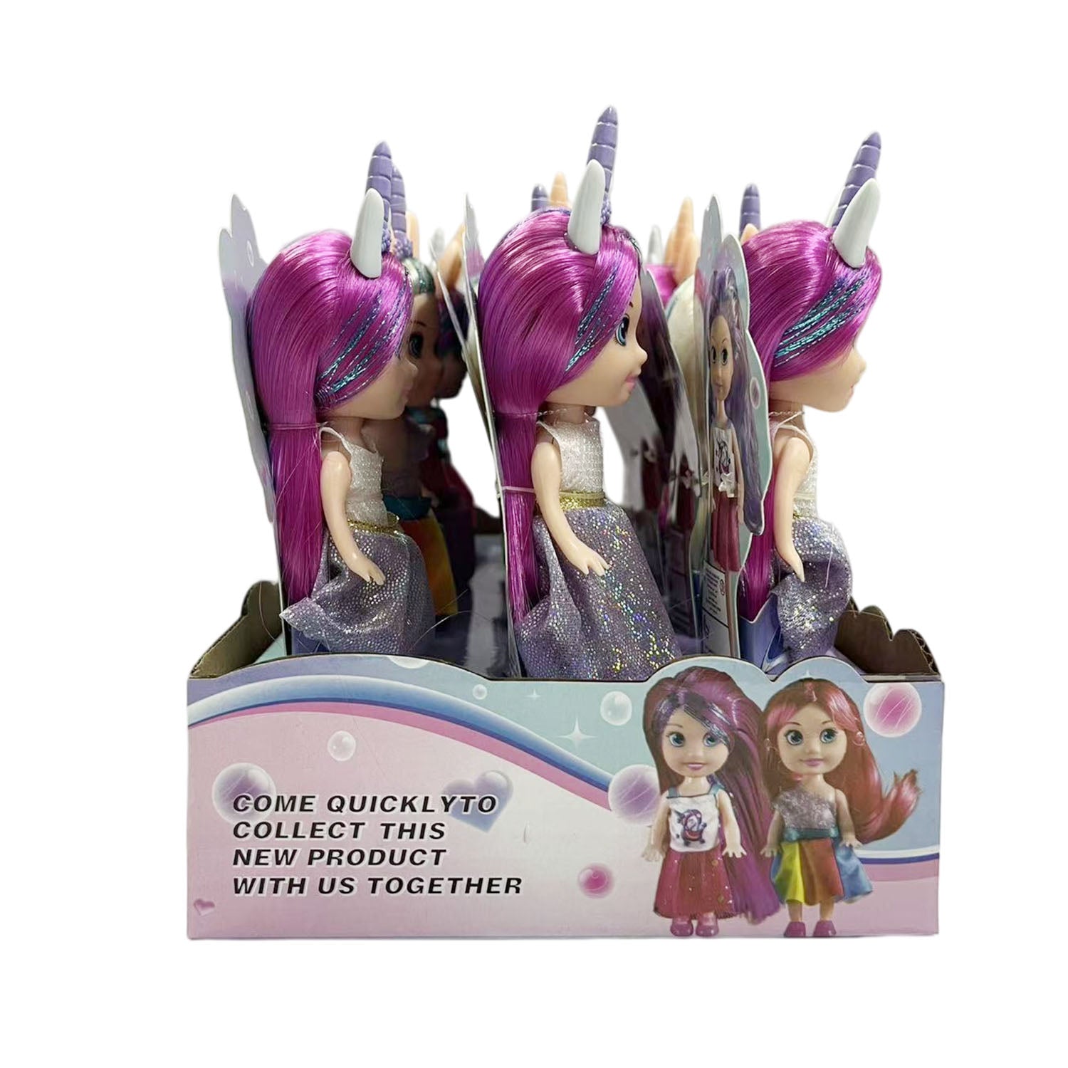Unicorn-themed kid dolls in a box, three purple-haired girls with unicorn horns