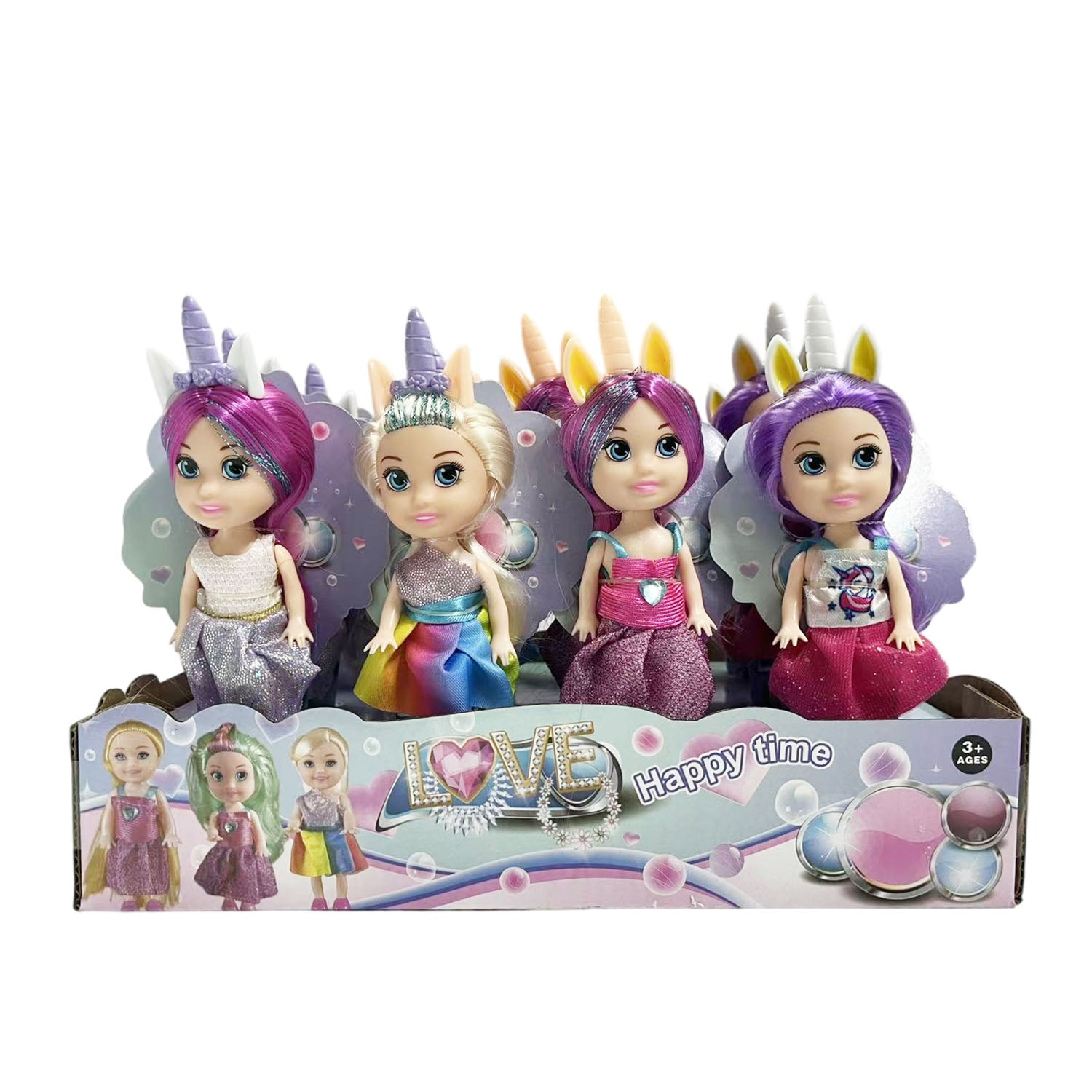 Unicorn-themed kid dolls in a box, four girls with unicorn horns and glitter outfits