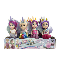 Unicorn-themed kid dolls in a box, four girls with unicorn horns and glitter outfits