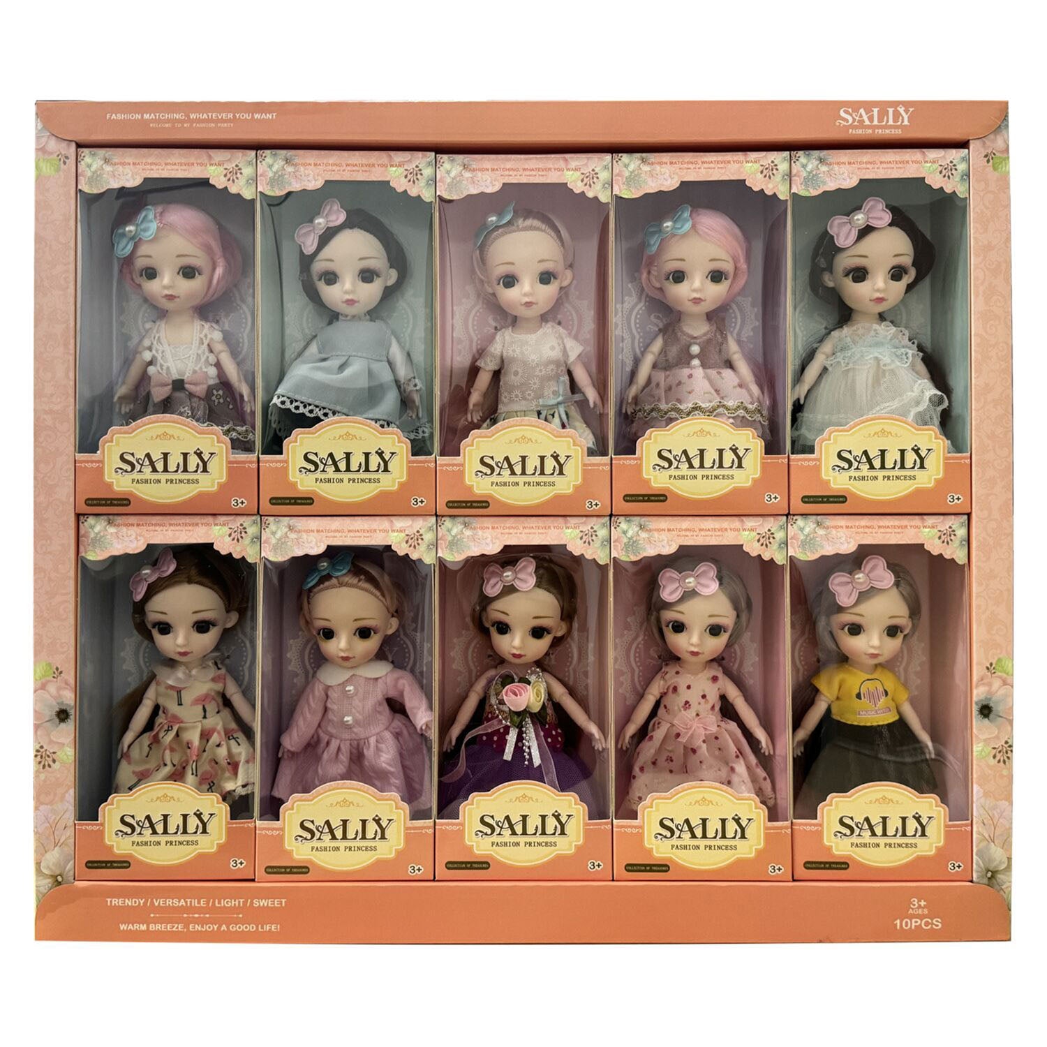 Princess doll set in display box with 10 dolls, pastel dresses and bows