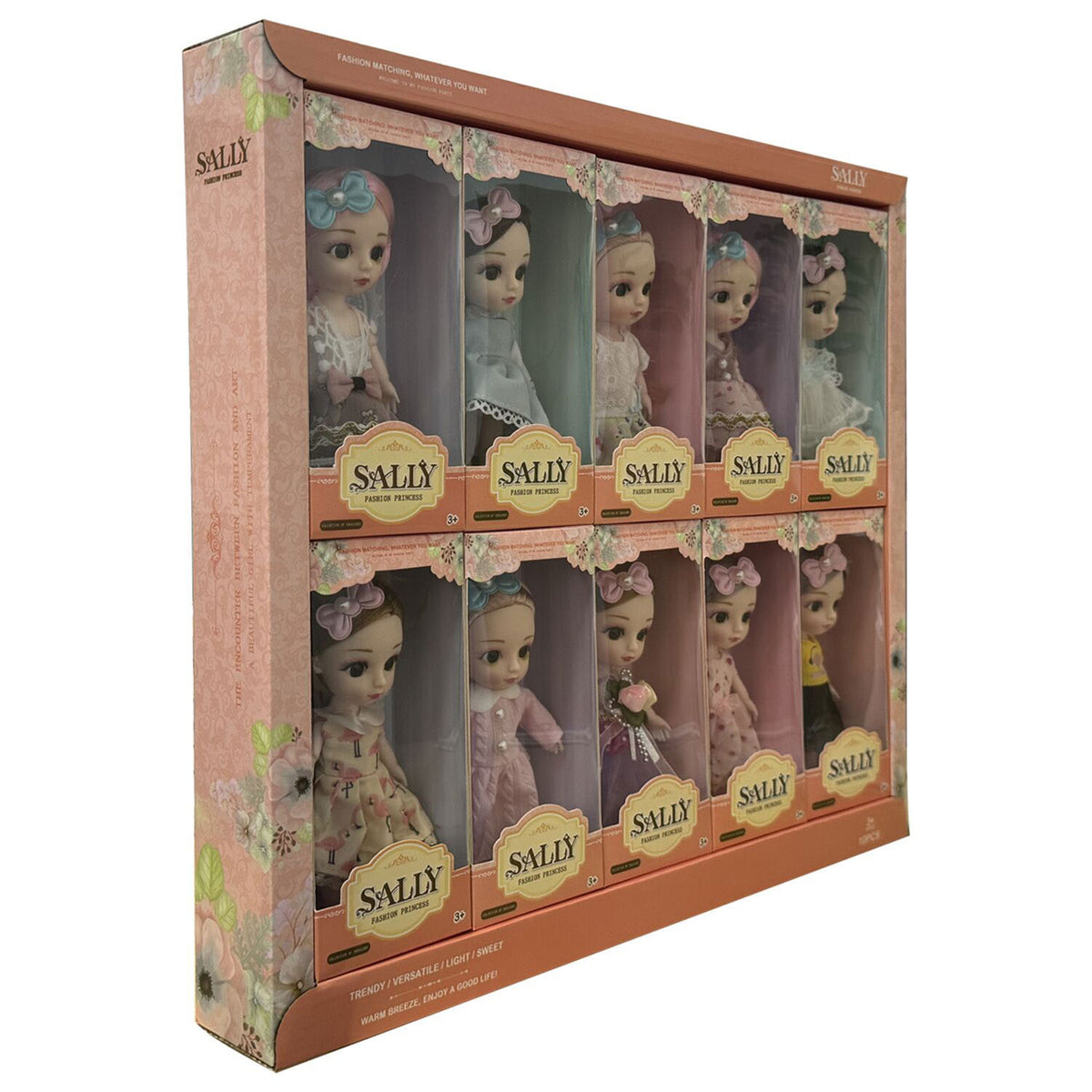 Princess doll set display box with 10 dolls in pastel outfits, angled view