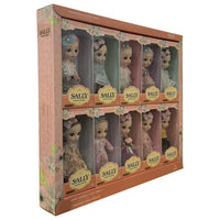 Princess doll set display box with 10 dolls in pastel outfits, angled view