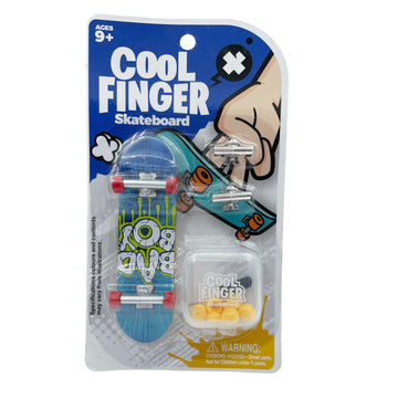 Mini fingerboard skateboard toy in blister pack with blue graphic deck