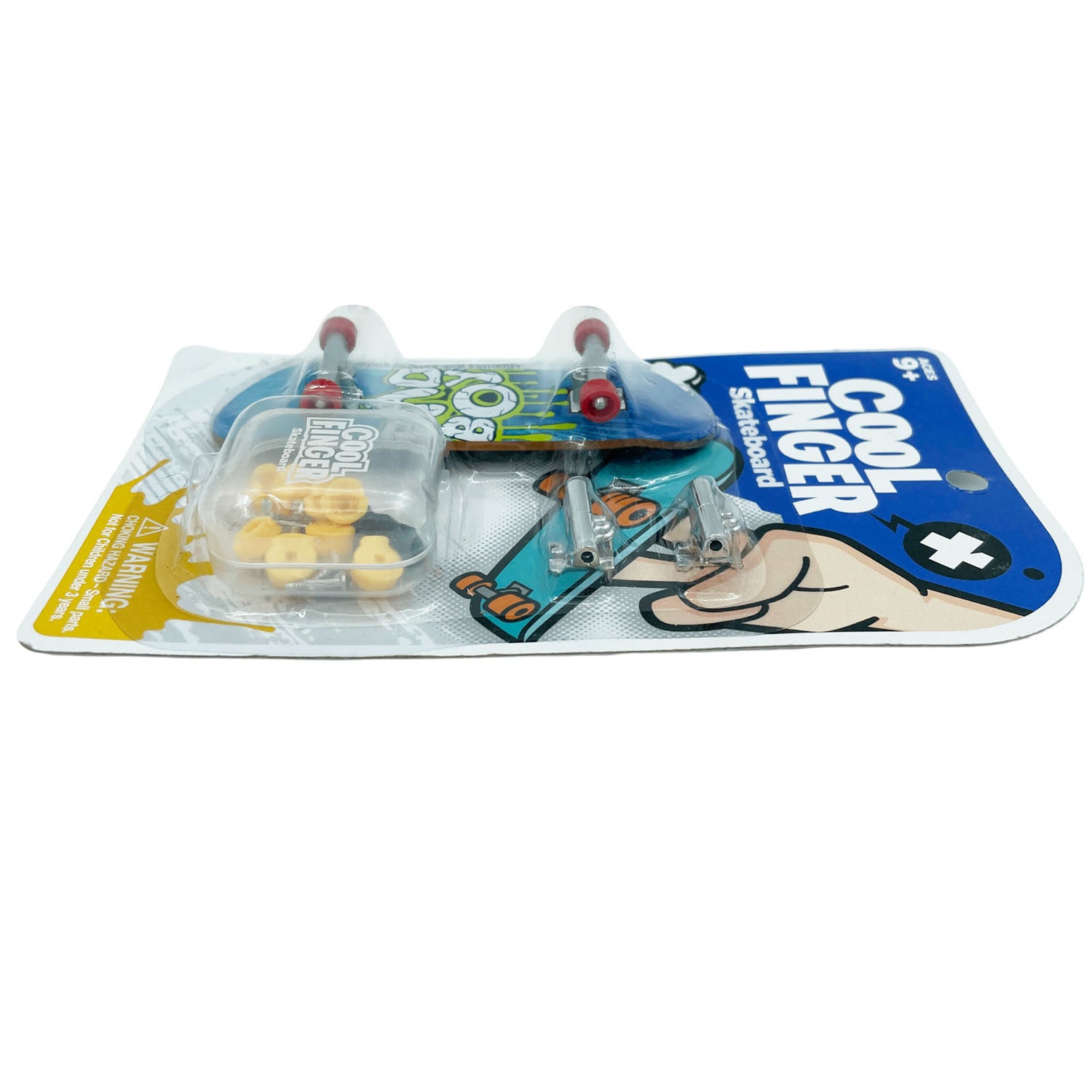 Mini fingerboard skateboard toy with blue deck, metal trucks, and yellow wheels