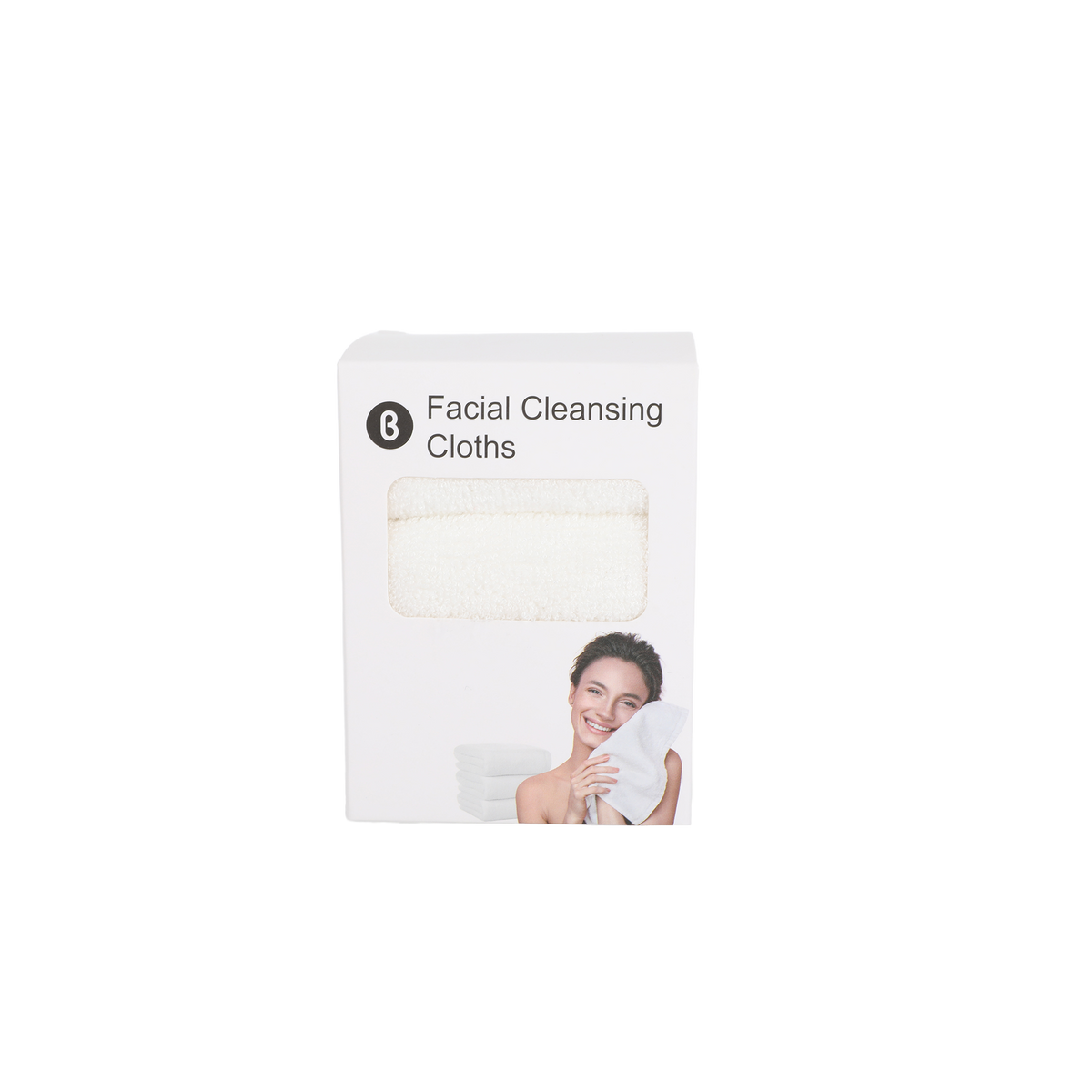 Facial cleansing cloths box with label and folded white cloth image