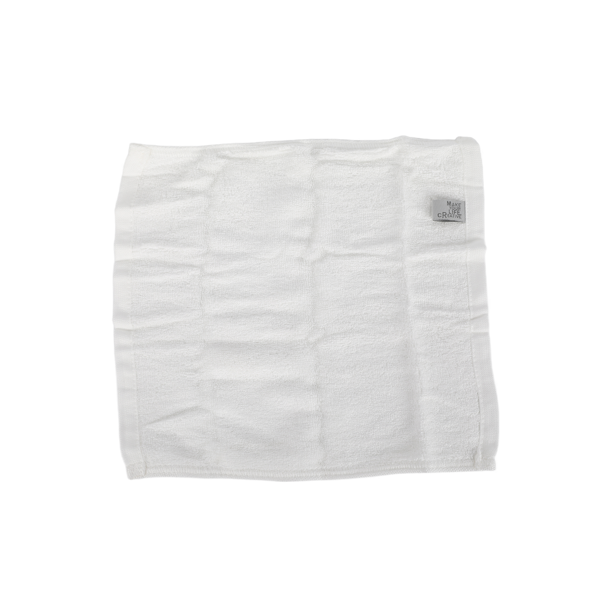 White facial cleansing cloth with small printed logo on corner