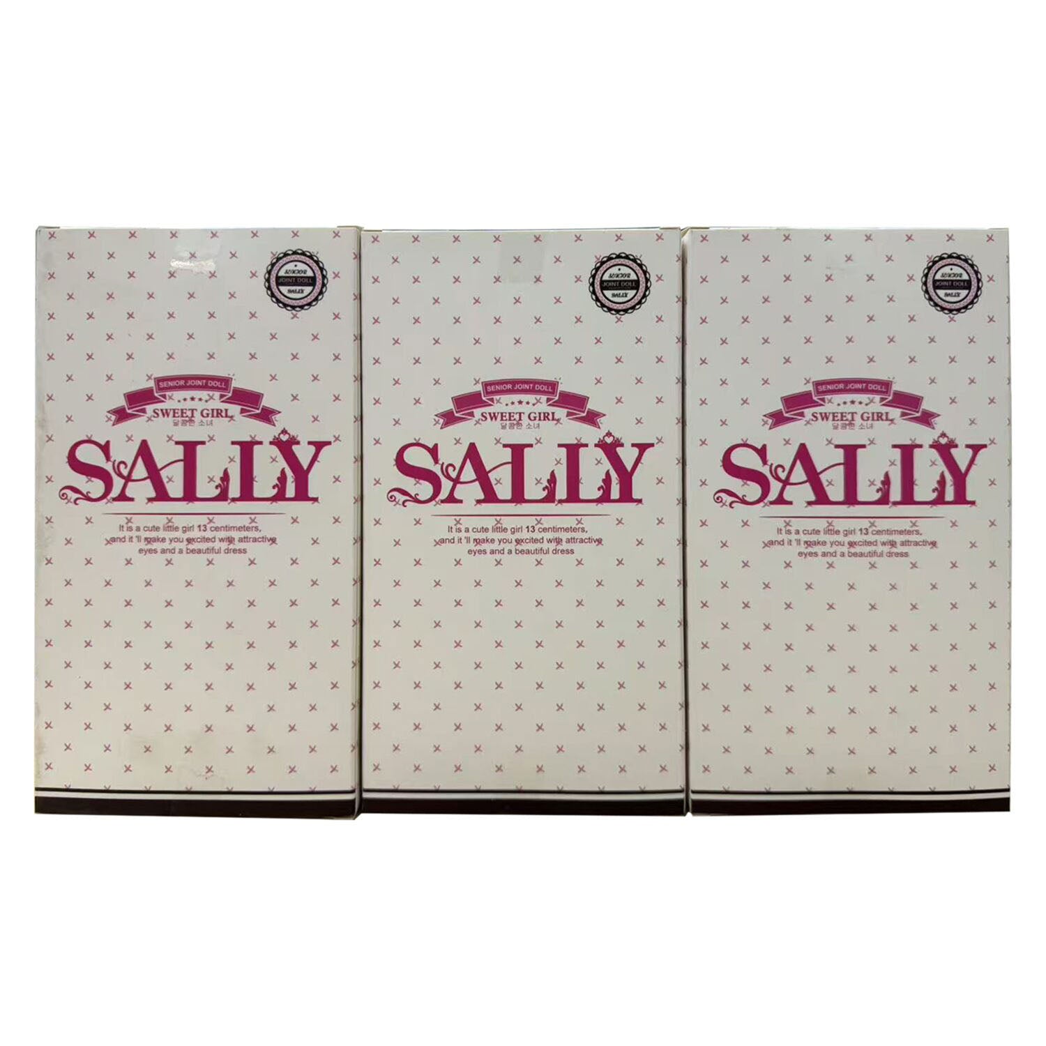 Back of three SALLY doll window boxes with logo and small product description text