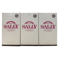 Back of three SALLY doll window boxes with logo and small product description text