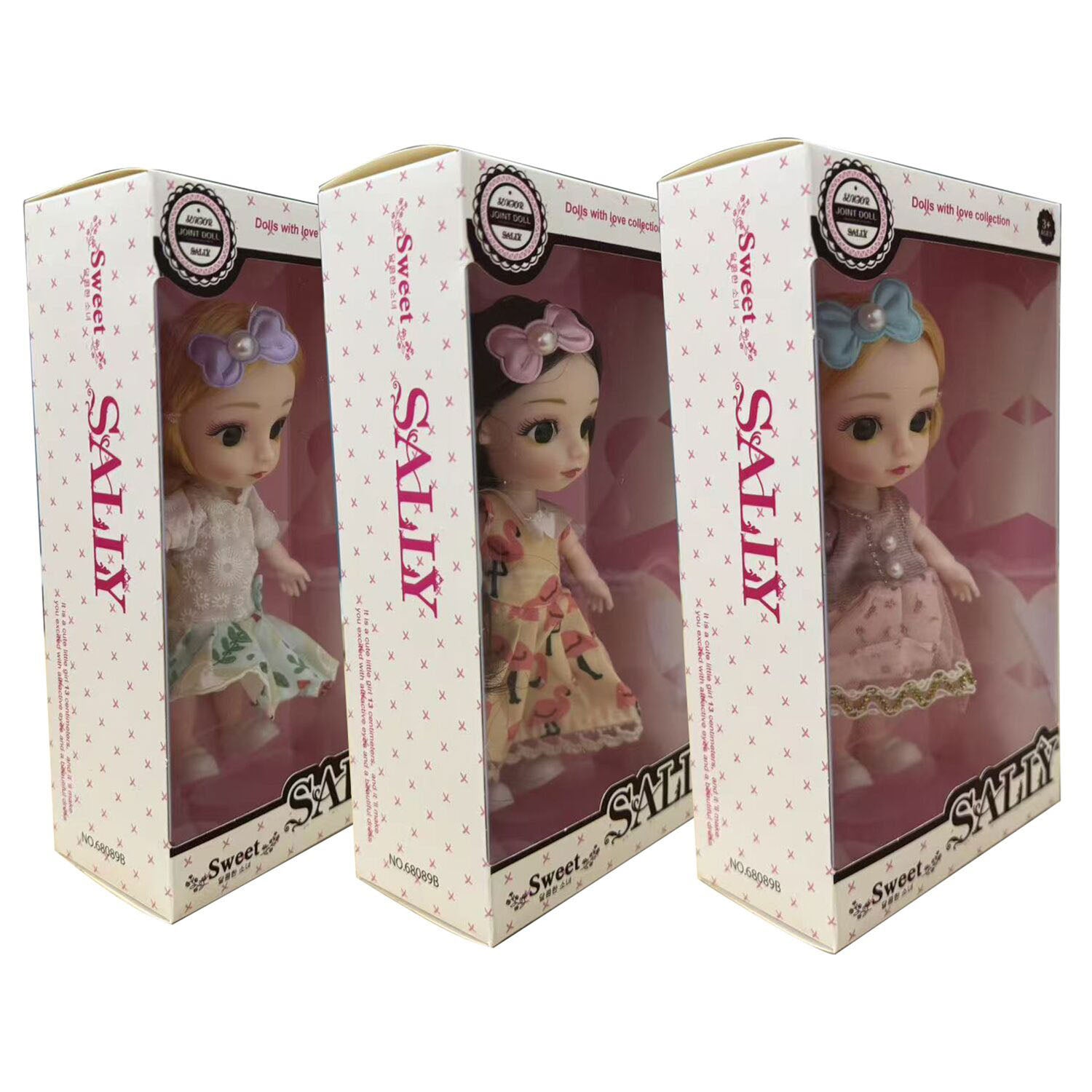 Set of three SALLY 6-inch doll window boxes with pastel dresses and bows