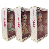 Set of three SALLY 6-inch doll window boxes with pastel dresses and bows