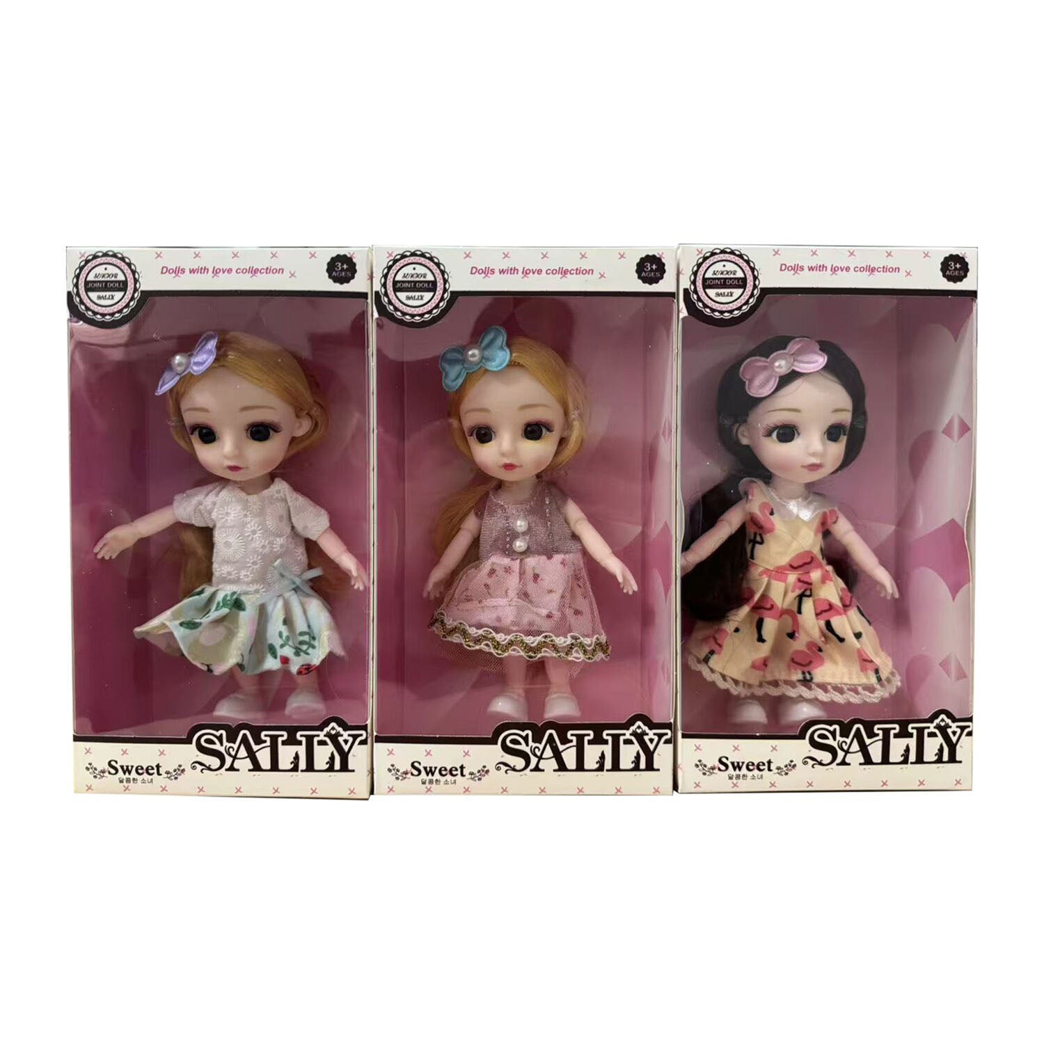 Three SALLY 6-inch doll window boxes, front view with pastel outfits and bows