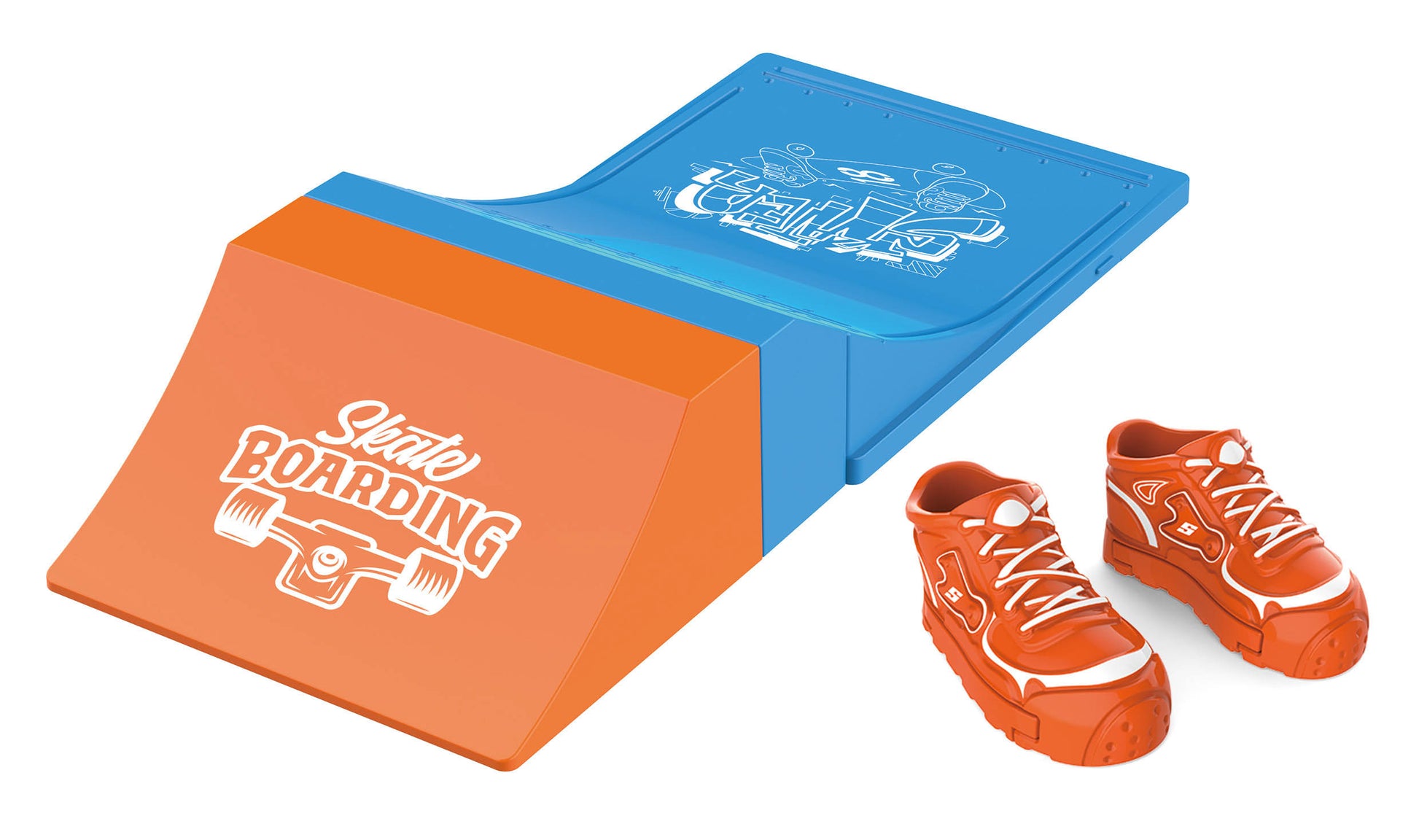 Finger skateboard with orange mini shoes, blue and orange deck