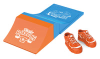 Finger skateboard with orange mini shoes, blue and orange deck