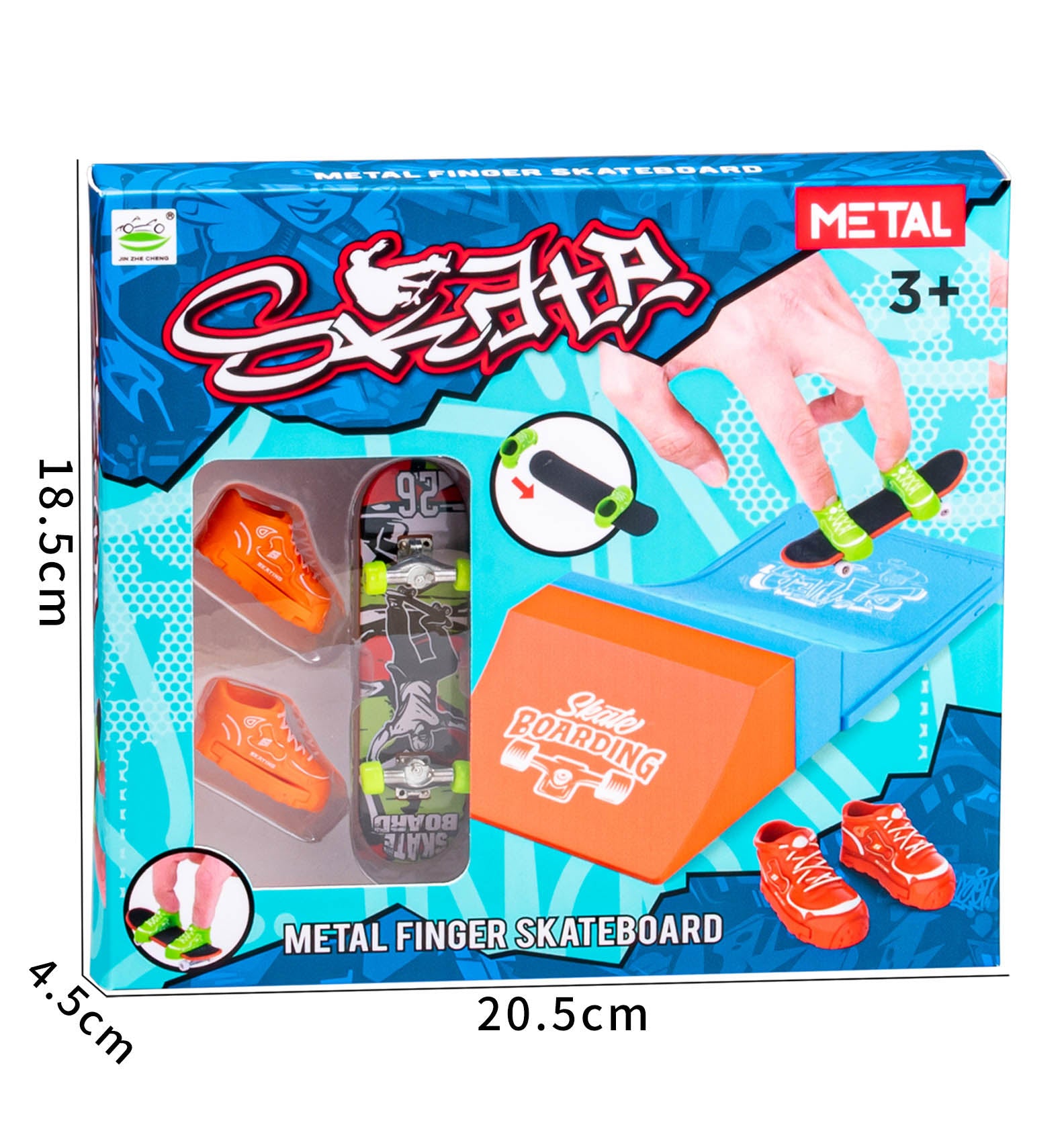 Boxed metal finger skateboard set with orange mini shoes