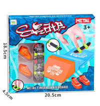 Boxed metal finger skateboard set with orange mini shoes