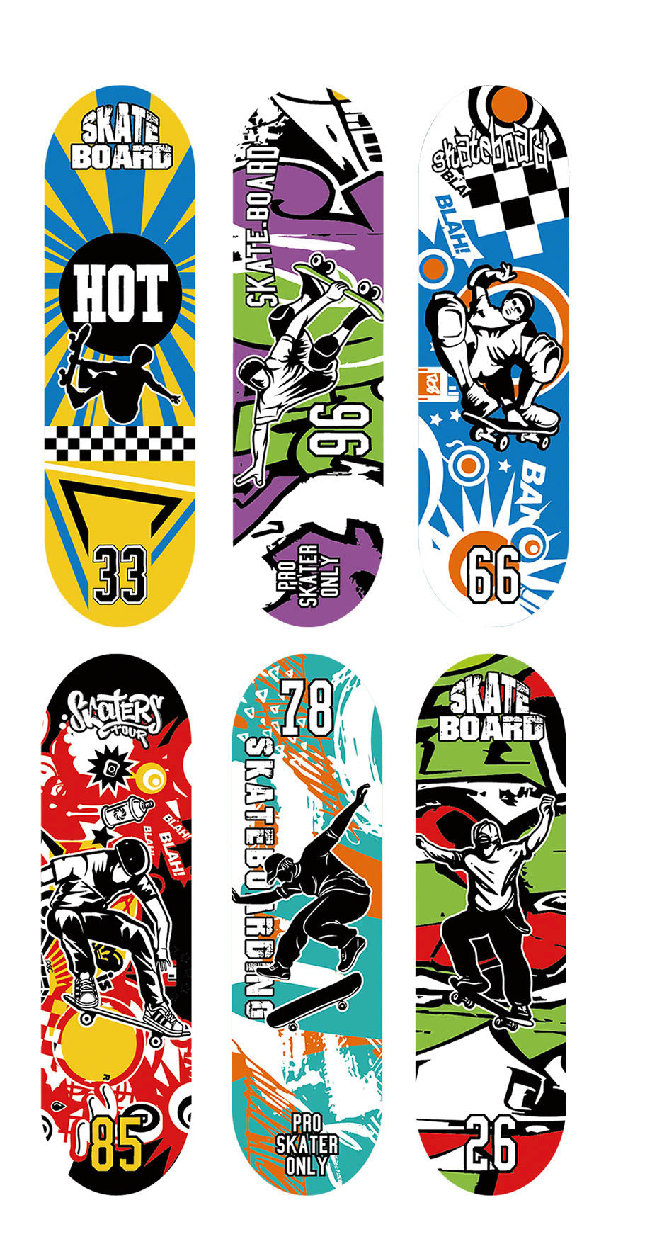 Finger skateboard decks assortment with printed graphics, six-pack