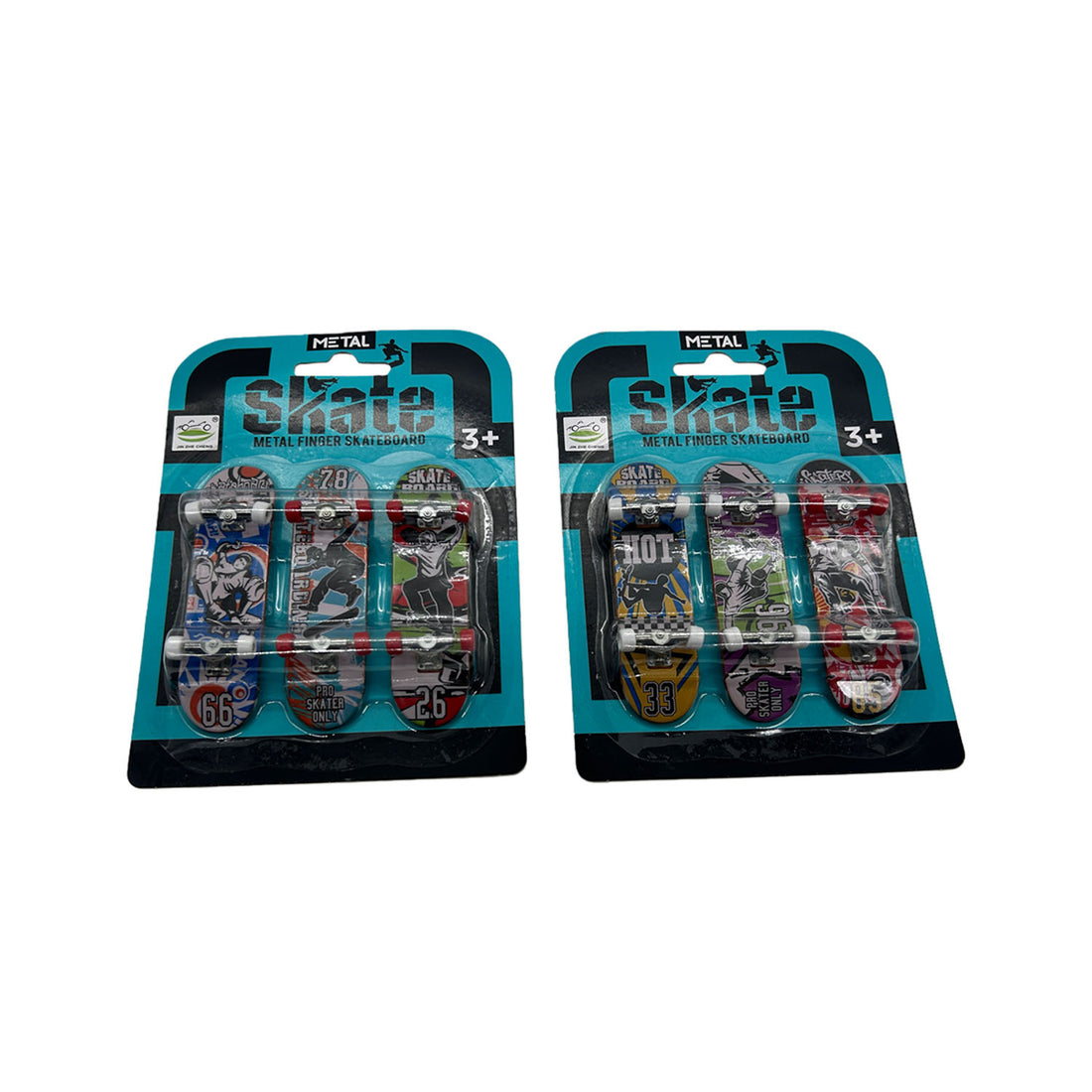 Metal finger skateboard 3-pack blister packs, teal cards with colorful deck graphics