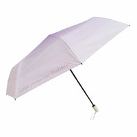 Folding umbrella, light purple fabric canopy with black handle and strap loop.