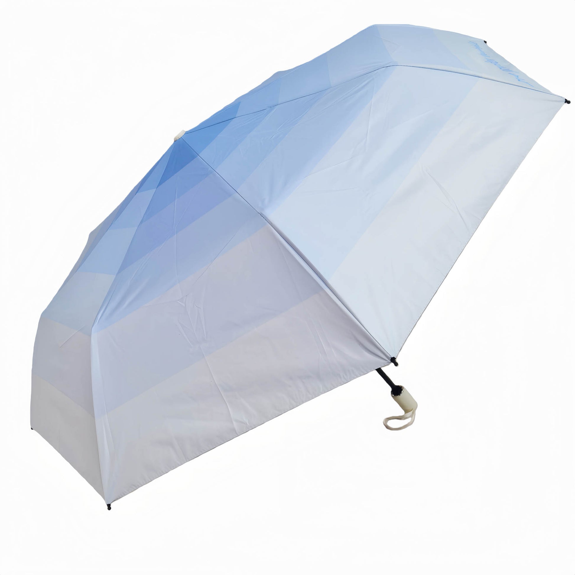 Light blue folding umbrella with curved grip handle, open canopy