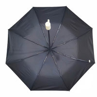 Folding umbrella, dark navy canopy with white center tip and ribbed frame.