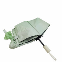 Folding umbrella, light green canopy with ribbon tie and white handle.