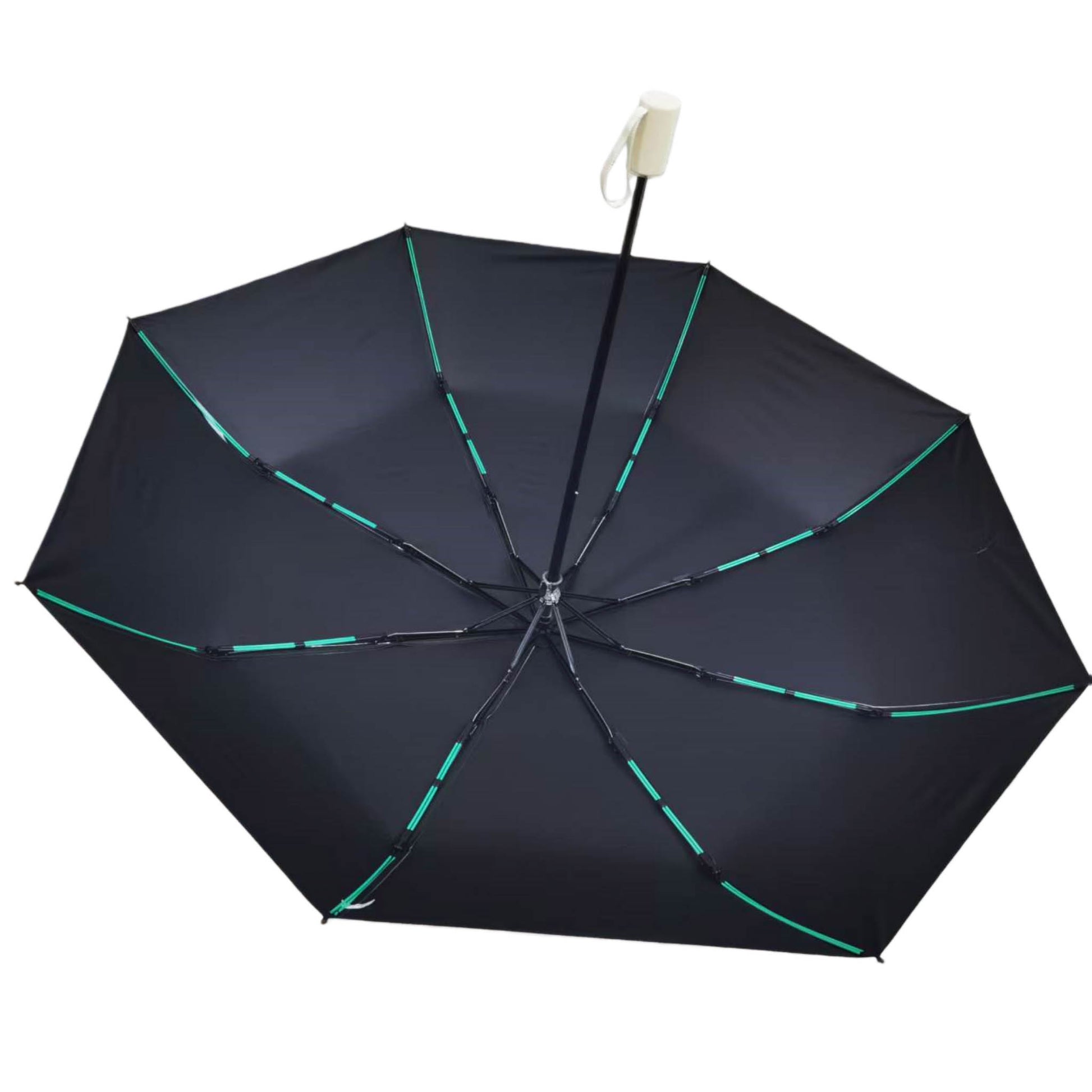 Folding umbrella with dark fabric and teal piping, round handle with fabric strap