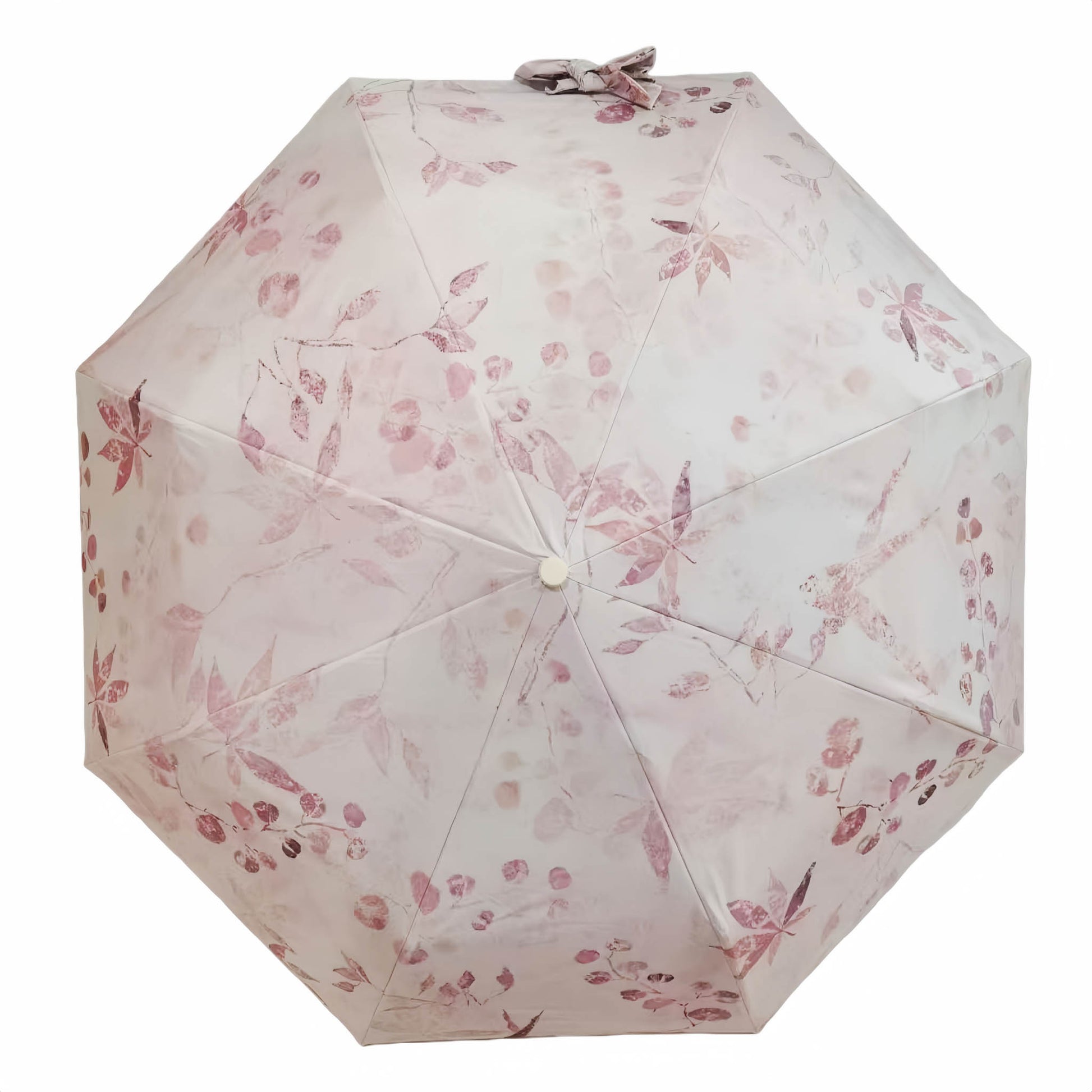 Folding umbrella with white fabric and pink floral pattern, round button center