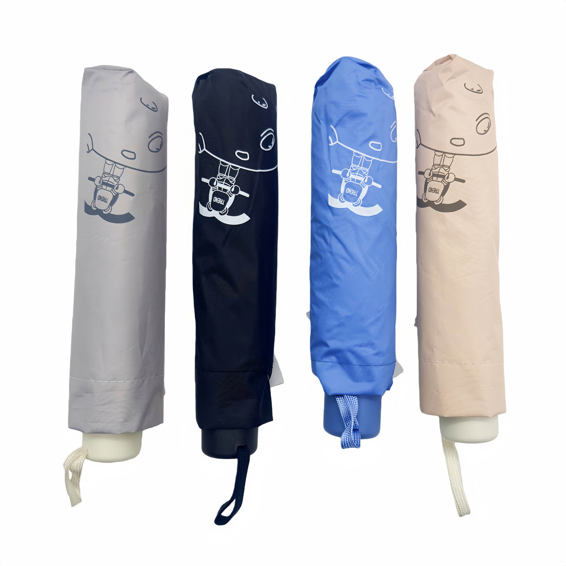 Set of folding umbrellas in gray, navy, blue, and beige with cartoon print