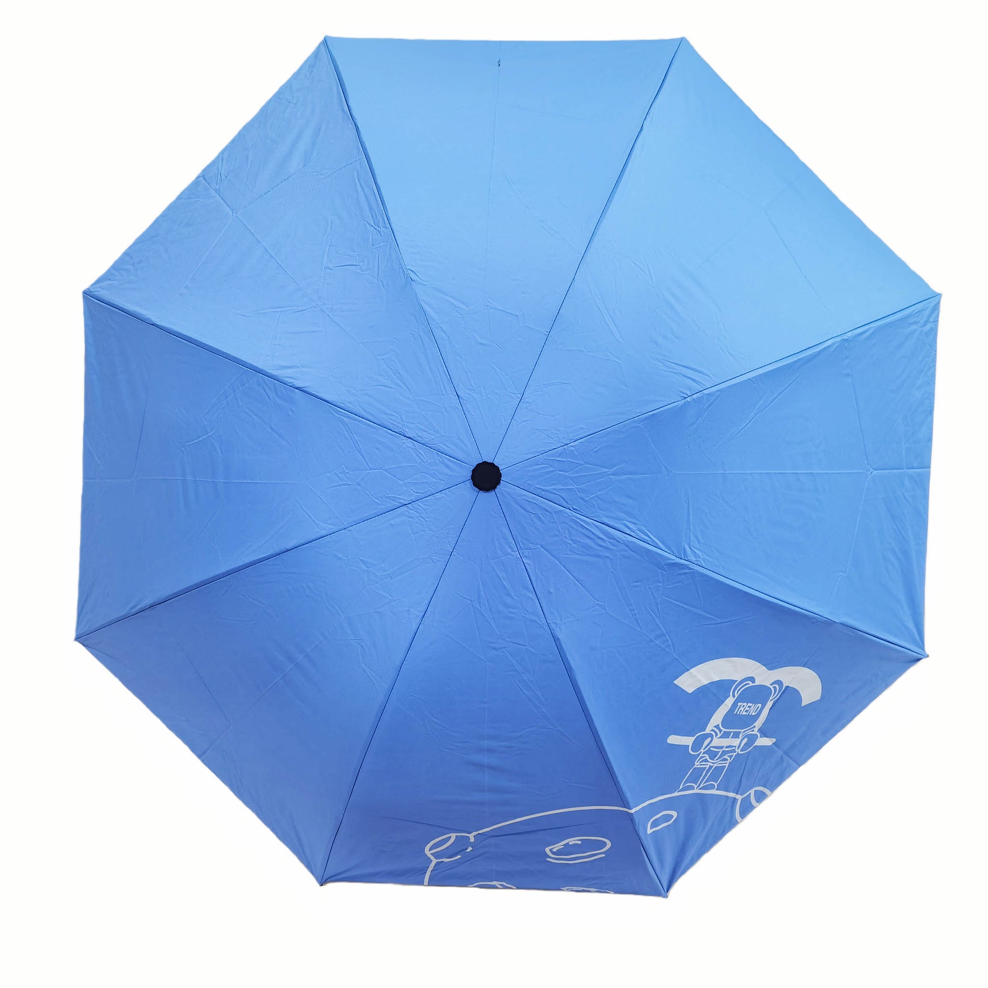 Folding umbrella, light blue canopy with small printed figures, open
