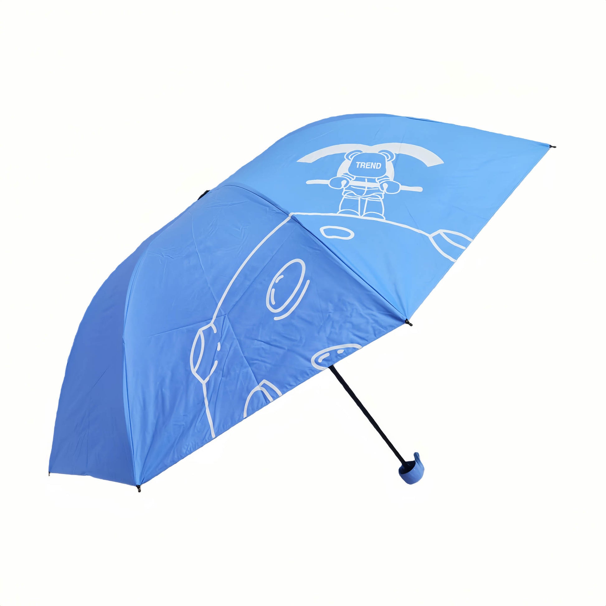 Folding umbrella, light blue canopy with cartoon line art and dark handle