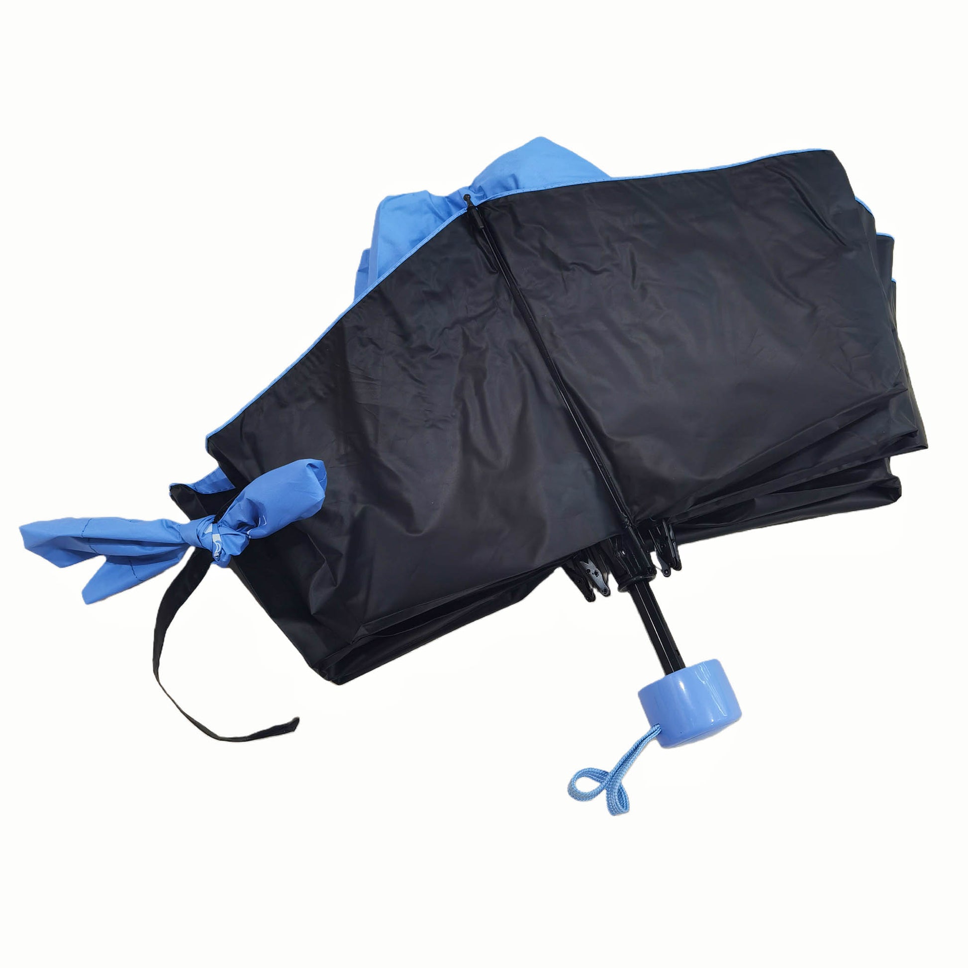 Folding umbrella, navy canopy with blue trim and strap, folded