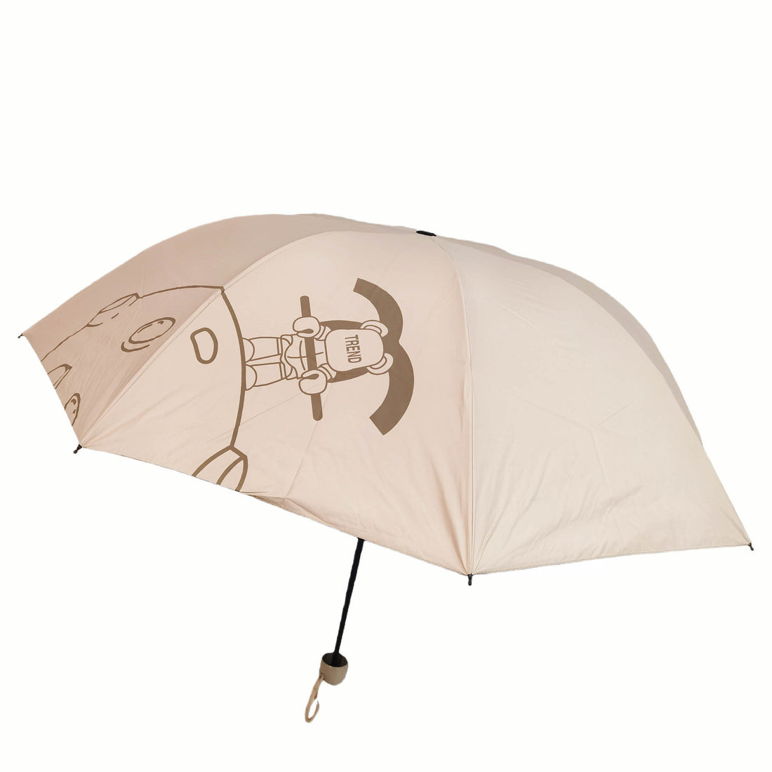 Folding umbrella, beige canopy with robot graphic and black pole