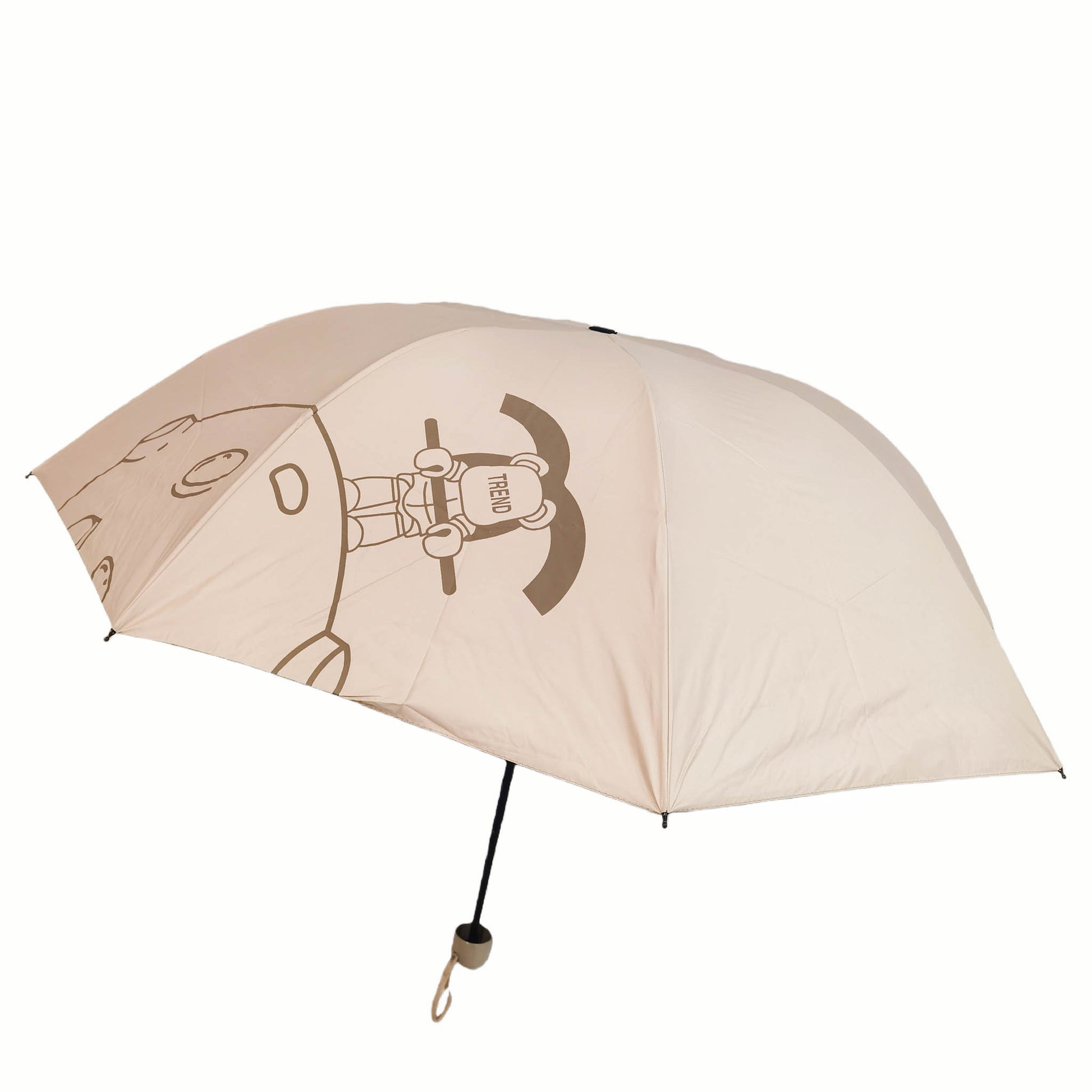 Folding umbrella, beige canopy with robot graphic and black pole