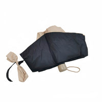 Folding umbrella, navy canopy with beige carry pouch, folded compact