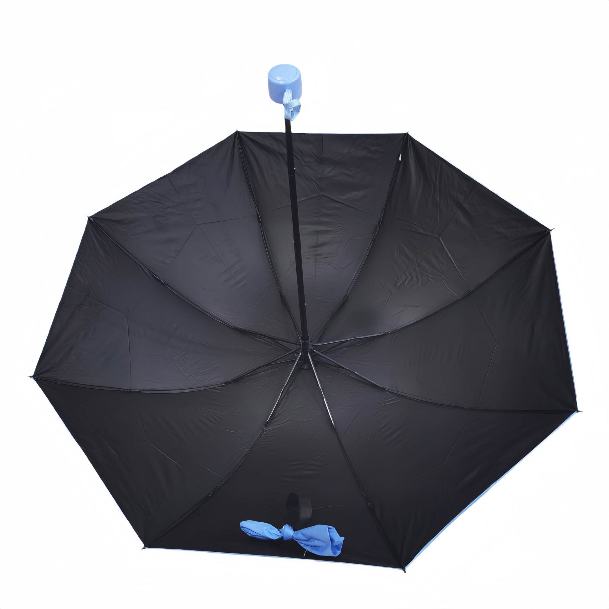 Folding umbrella, dark navy canopy with blue handle and storage pouch