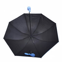Folding umbrella, dark navy canopy with blue handle and storage pouch