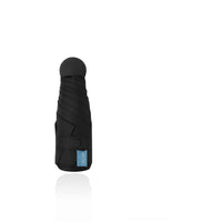 Folding umbrella in black cover, folded canopy with wrist strap