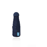 Folding umbrella in navy cover, folded canopy with button strap