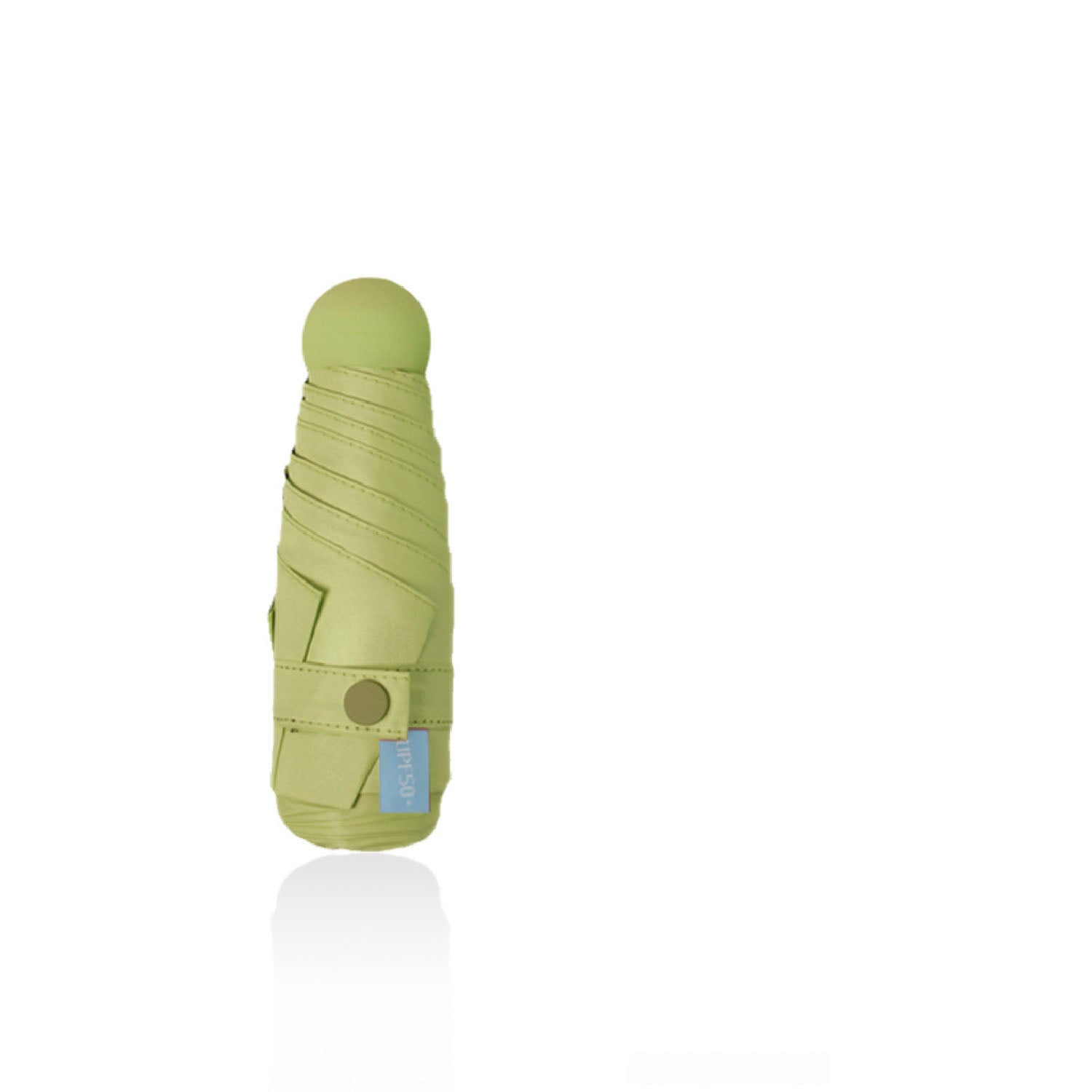 Folding umbrella in green cover, folded canopy with button strap