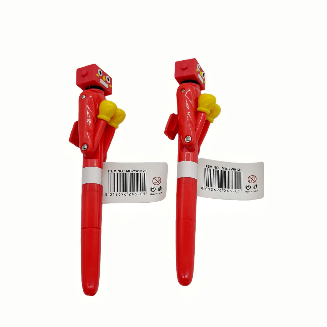 Red boxing-themed pen, side view with glove grip and barcode tag