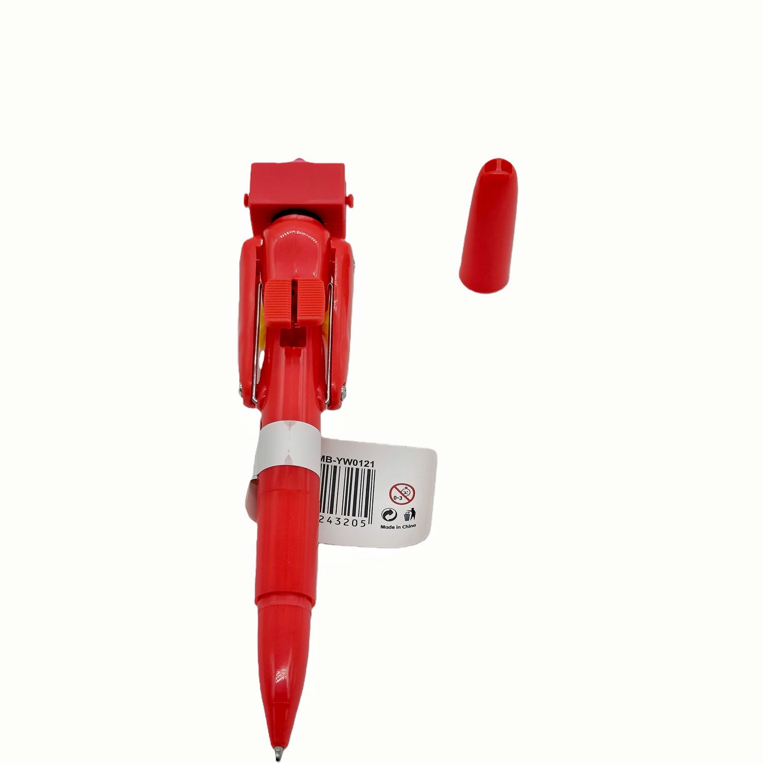 Red boxing-themed pen open, showing mechanism and protective cap