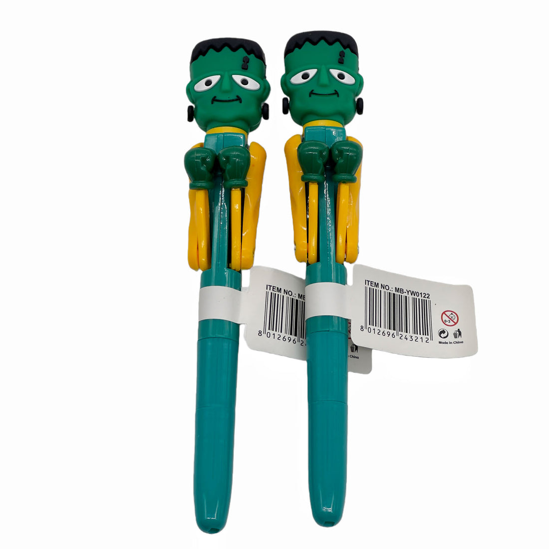Boxing pen pair with green boxing heads, yellow gloves, teal handles, and hang tags