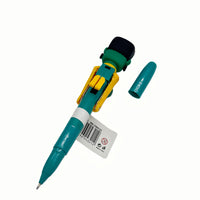 Boxing pen with green head, dark cap, yellow midsection, teal body and spare cap