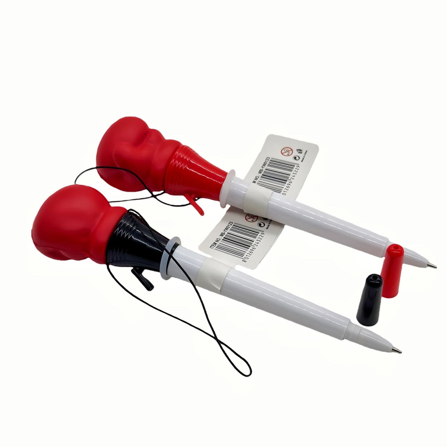 Boxing pen with red boxing gloves on white body, black tip, and pull cord