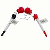 Boxing pen pair with red gloves, white bodies, black ink ends, and cord loops