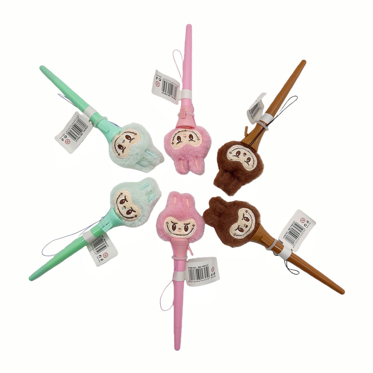 Plush boxing-style pen set with teal, pink, and brown shafts and face mitt tips.