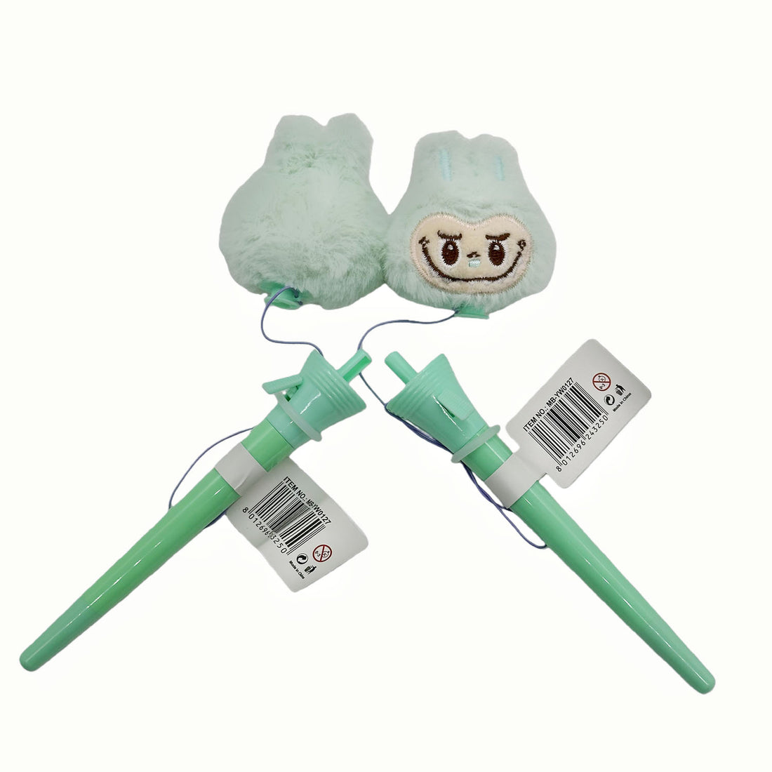 Plush boxing-style pen pair with mint-green shafts and smiling face mitt tips.
