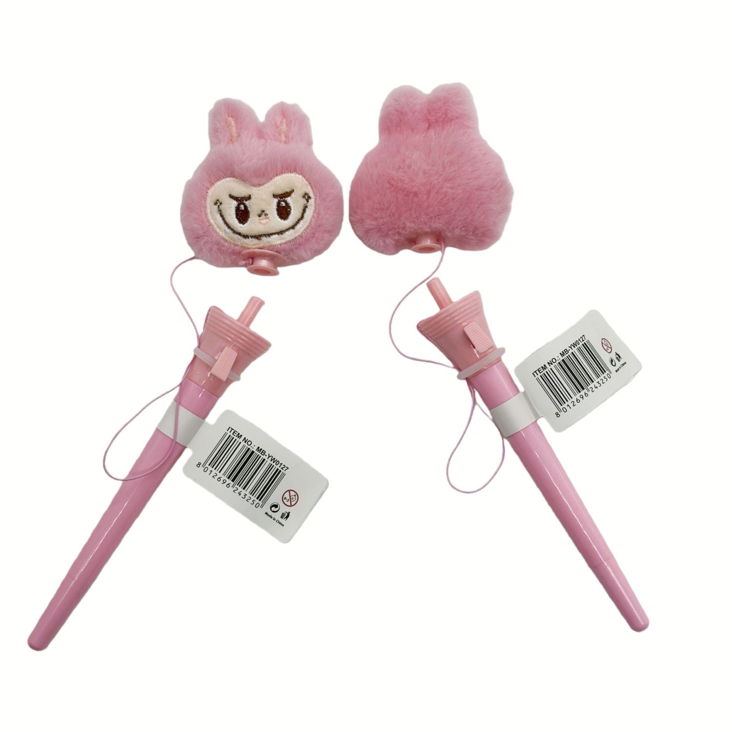 Plush boxing-style pen pair with pink shafts and bunny-face mitt tops.